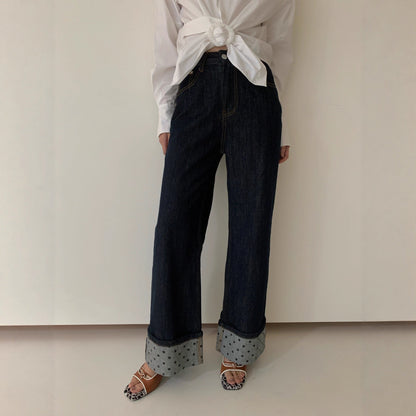 Versatile polyester cotton straight jeans women's curled design trousers