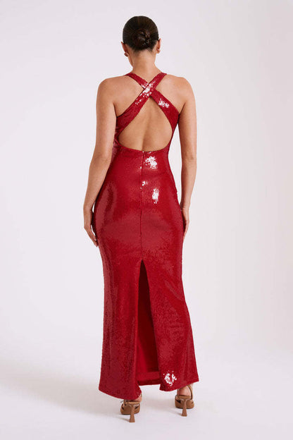 Hollow backless sexy red sequined split dress