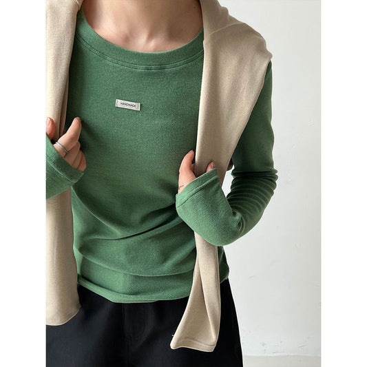 Soft and glutinous slim solid color crew neck base shirt women's autumn embroidery Korean standard design long-sleeved T-shirt top