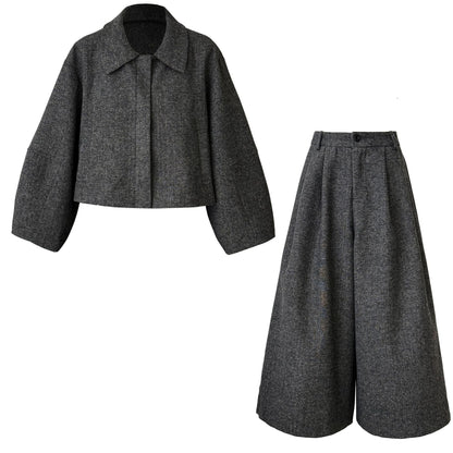 Temperament retro Korean version of thin lapel wool jacket + straight pants autumn new commuter suit