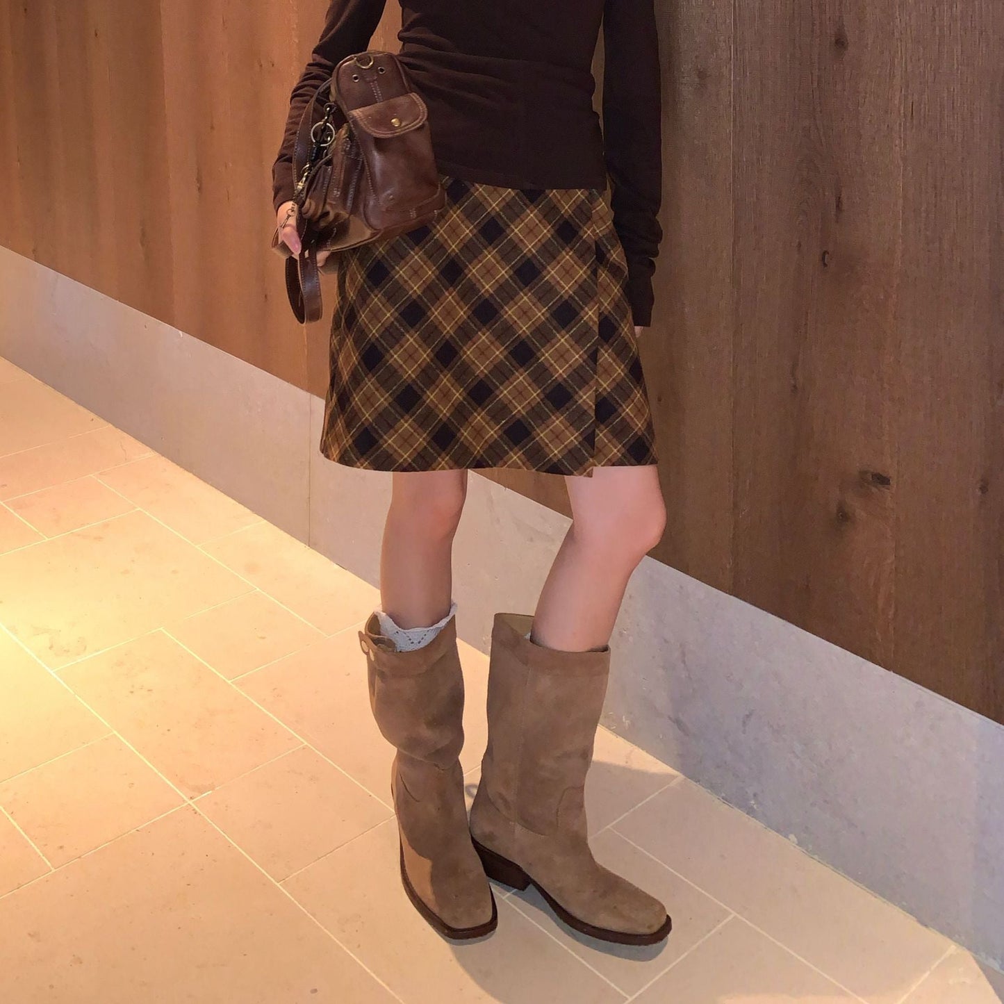 Hip Wrap Waist Buckle Design Plaid Coffee Skirt Women