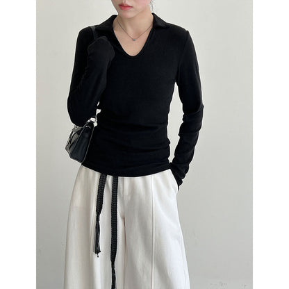 Simple design slim-fitting v-neck high-end sense thin bottoming shirt women's autumn new small lapel top