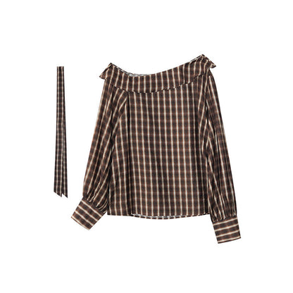 Ruffle-edged slanted shoulder long-sleeved pullover plaid shirt