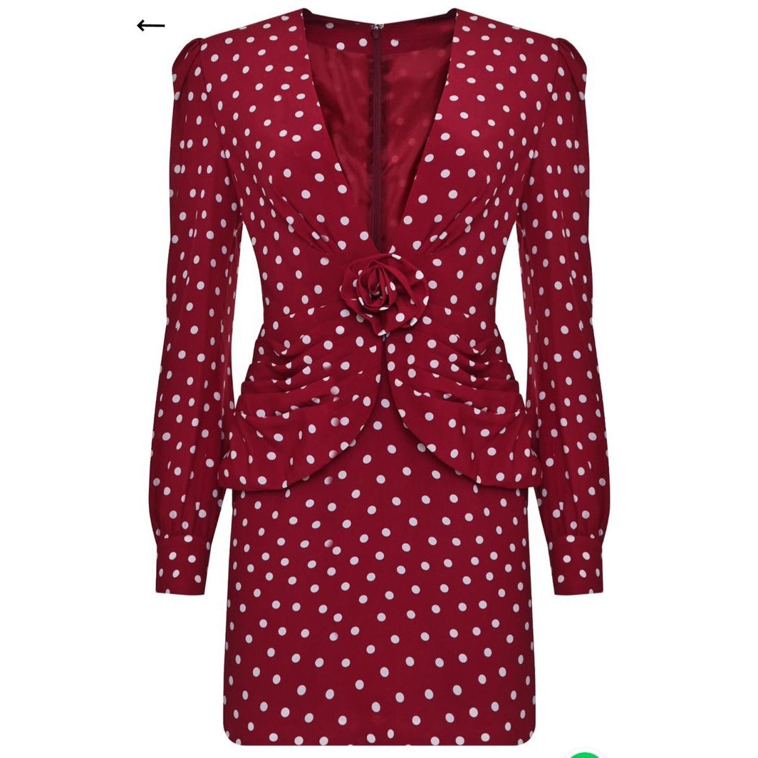 Fashion polka dot long-sleeved pleated top jacket skirt set two-piece set