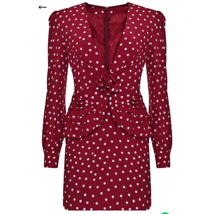 Fashion polka dot long-sleeved pleated top jacket skirt set two-piece set