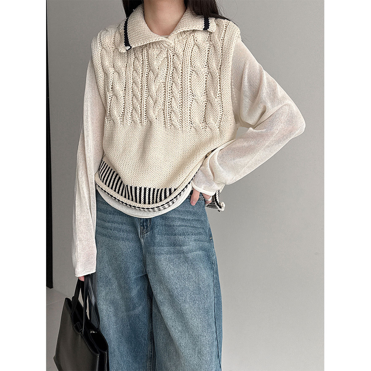 College style contrasting color lapel wool knitted vest women's 26 spring versatile stacked vest top
