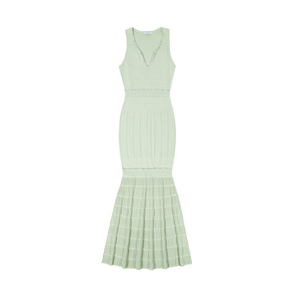 V-Neck Sleeveless Dress Women High Waist Beaded Fishtail Midi