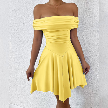 One-Shoulder Tube Top Dress Women Elastic Waist Irregular Hem Mini