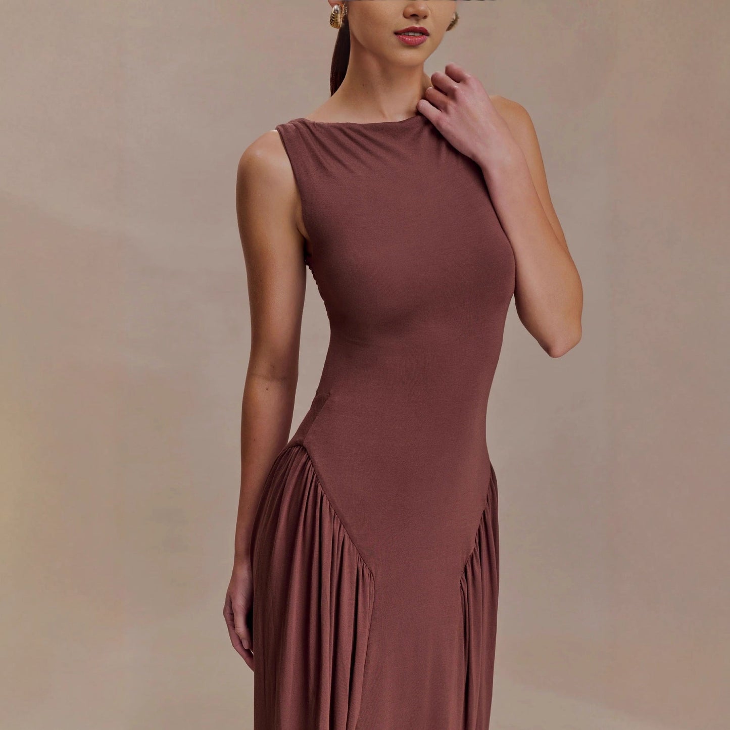 Fashion pleated hollow vest long dress slim-fitting backless sexy one-word neck dress