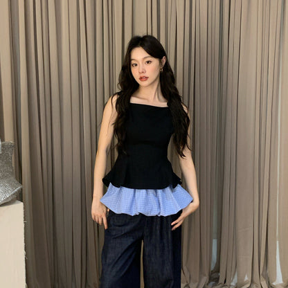 Sweet age reduction can be worn outside contrasting color splicing vest suspender top