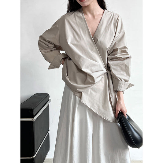 Autumn Korean irregular waist strap shirt women's casual niche design one-piece top