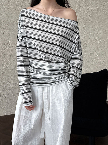 Light and thin sunscreen long-sleeved T-shirt for women~ Korean summer waist and thin one-word collar slanted shoulder striped top