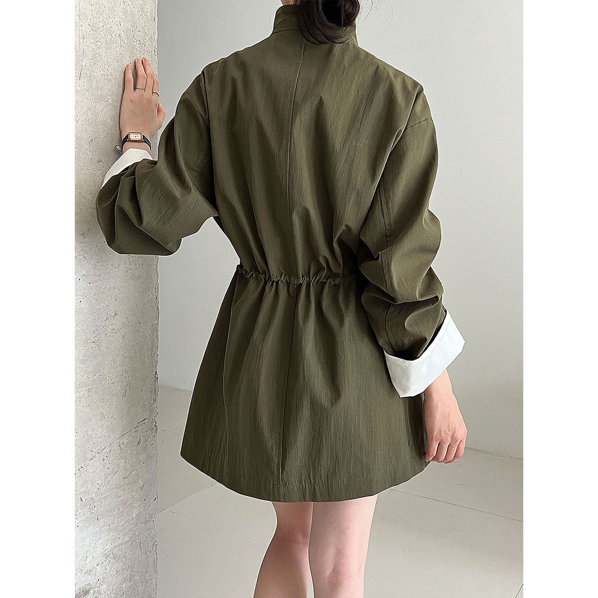 Korean medium and long stand-up collar loose drawstring trench coat women's autumn new big pocket design coat