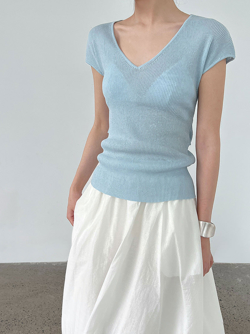 French V-neck knitted short-sleeved T women's summer new basic commuter versatile slim stretch top