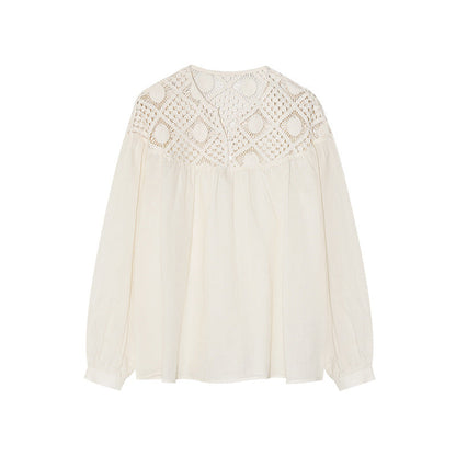 Early Spring French Temperament Ramie Tencel Long Sleeve Hollow Small V-Neck Shirt