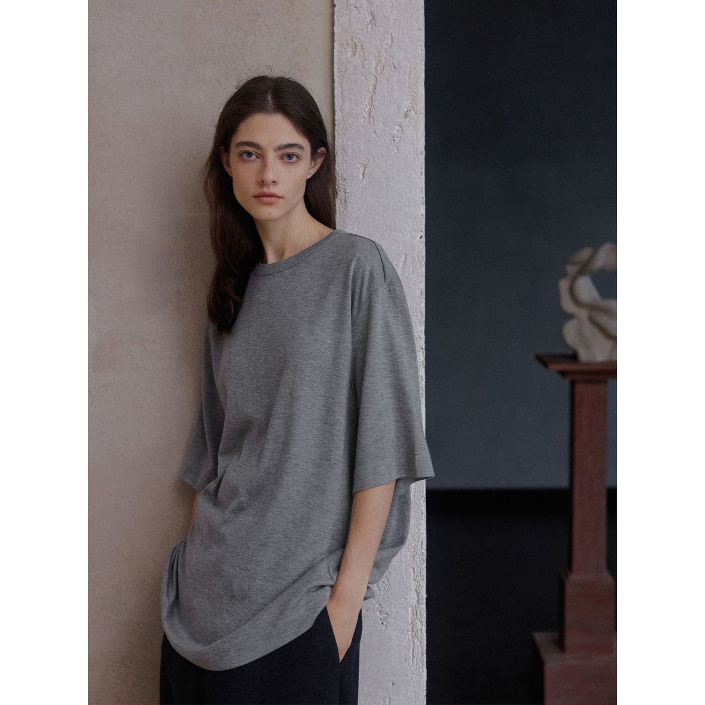 Autumn New Wool Blended Back Neck Split Strap Small Crew Neck Loose T-Shirt