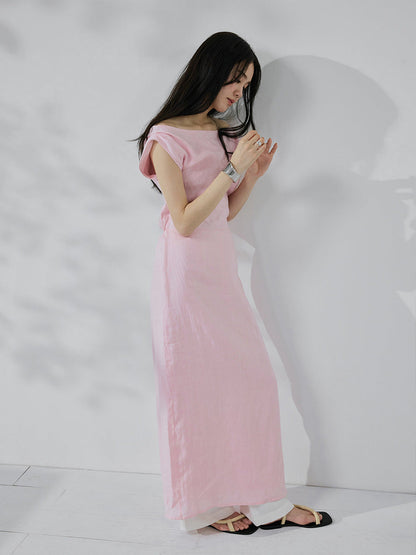 100% linen one-word shoulder dress elegant and thin summer dress