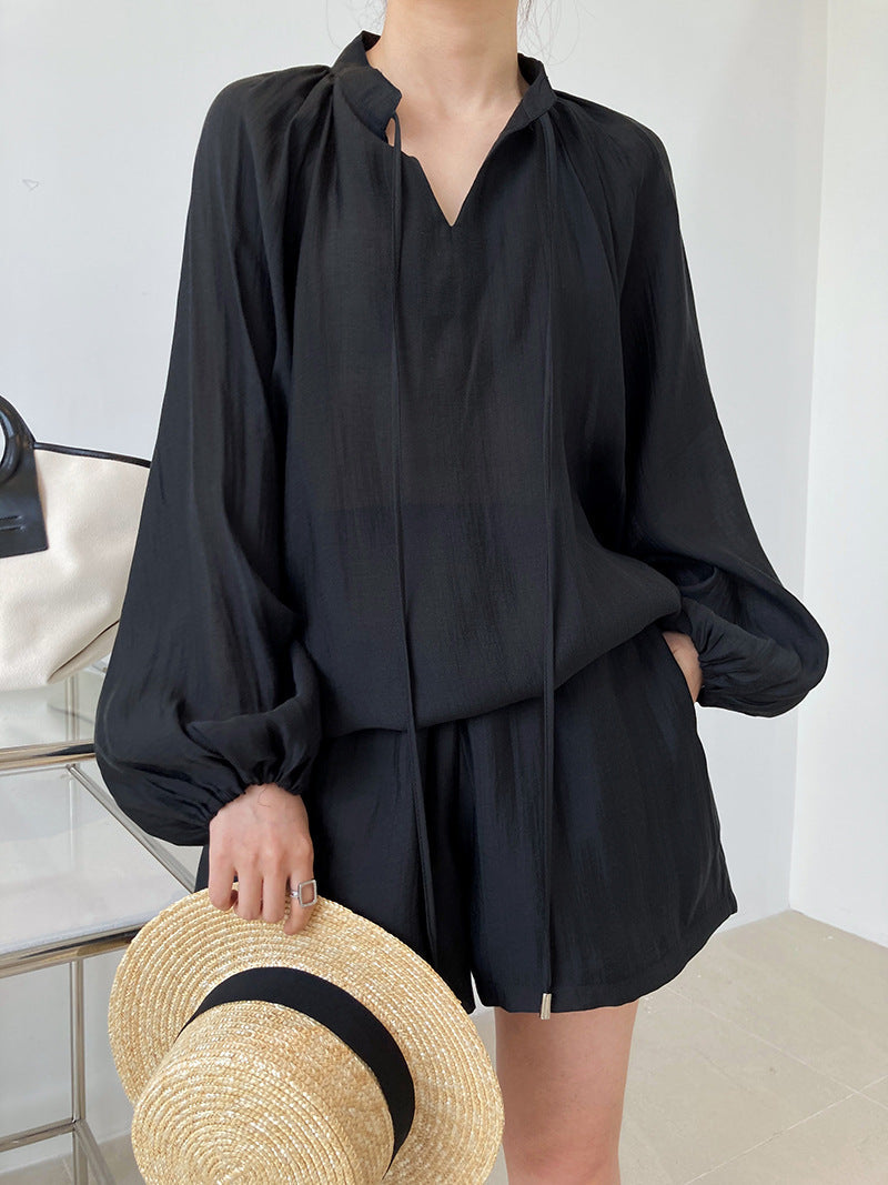 Summer fashion sports and leisure lace-up long-sleeved sunscreen + wide-leg shorts set two-piece set