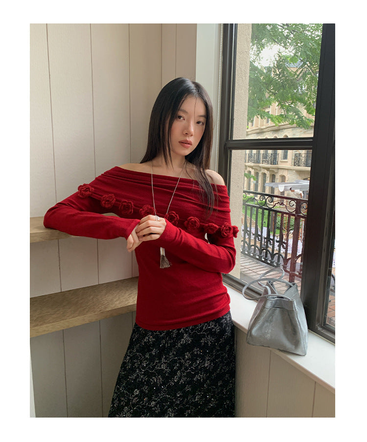 Gentle and sweet one-word collar three-dimensional flower decorative sweater for women
