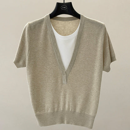 Design sense niche fake two-piece short-sleeved T-shirt spring contrast V-neck knitwear