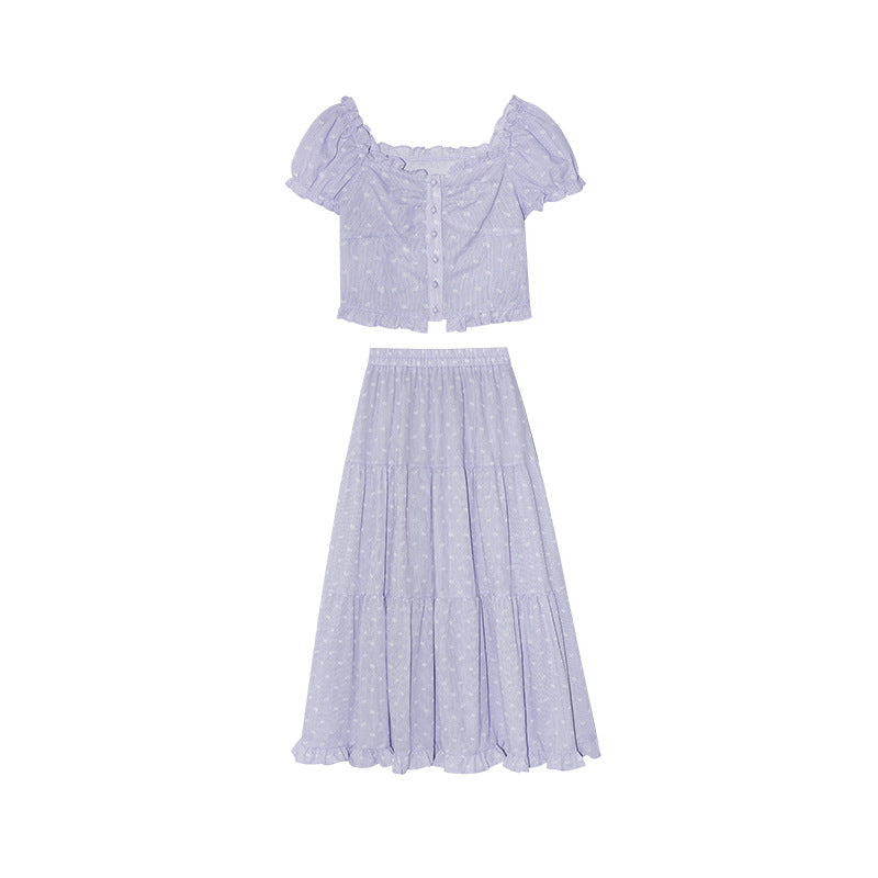 Women's Floral Print Puff Sleeve Shirt & A-Line Maxi Skirt Two-Piece Set