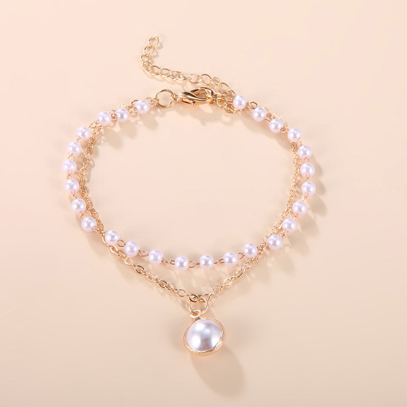 Internet celebrity retro ins simple double pearl bracelet female, cold port style fashionable pearl bracelet