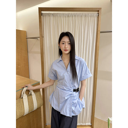 French temperament versatile pure cotton thin waist buckle short-sleeved shirt