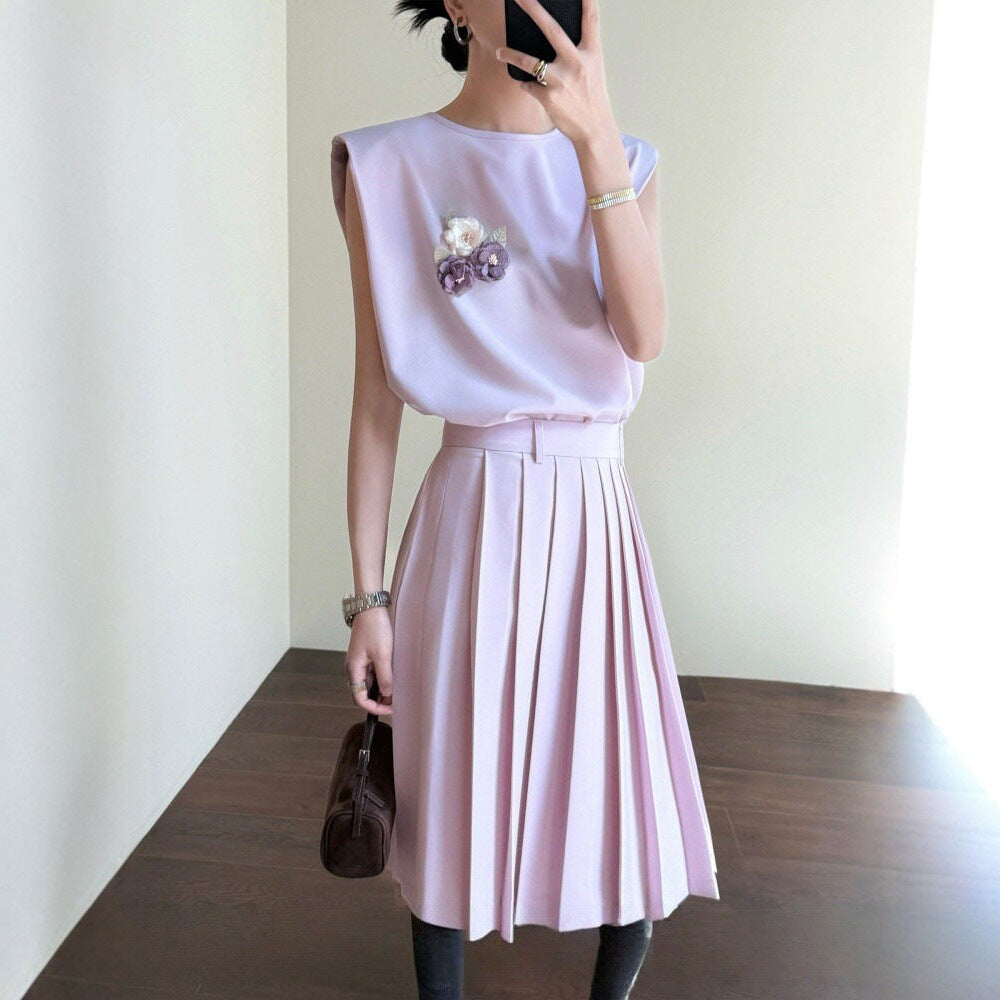 Summer gentle pink! Cover sleeve loose vest vest three-dimensional cut pleated skirt set