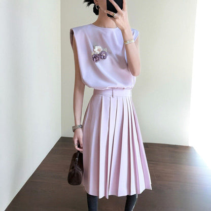 Summer gentle pink! Cover sleeve loose vest vest three-dimensional cut pleated skirt set