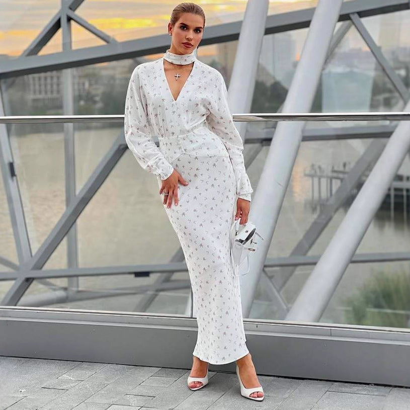Women's clothing autumn and winter new round neck long-sleeved holiday dress fashion printed dress