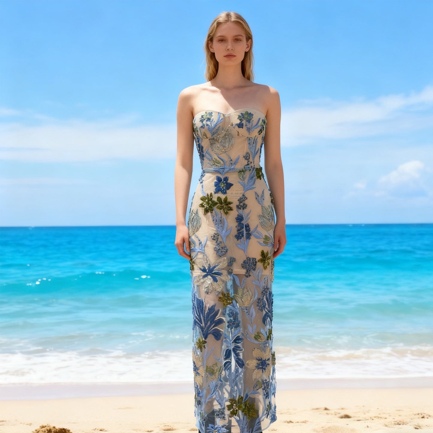 Embroidered Mesh Tube Top Maxi Dress