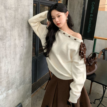Autumn and winter French atmosphere leopard print strap design diagonal neck off-the-shoulder sweater women