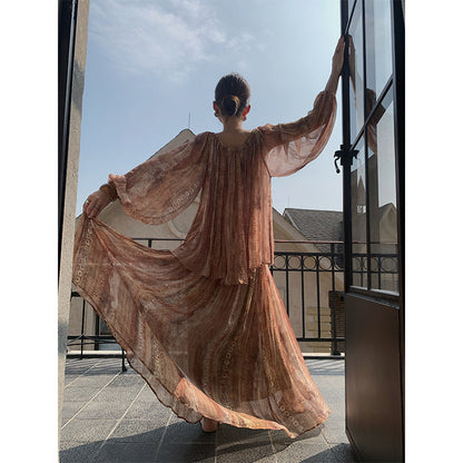 Spring retro vacation wind pendant elegant pleated silk print skirt