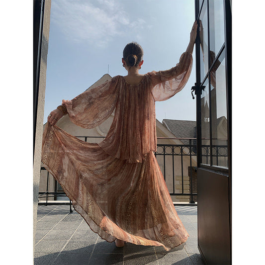 Spring retro vacation wind pendant elegant pleated silk print skirt