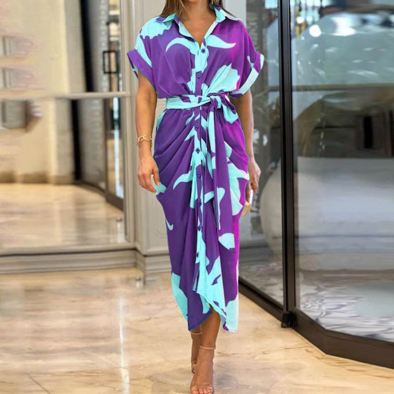 Elegant Lapel Collar Printed High-Waist Maxi Dress