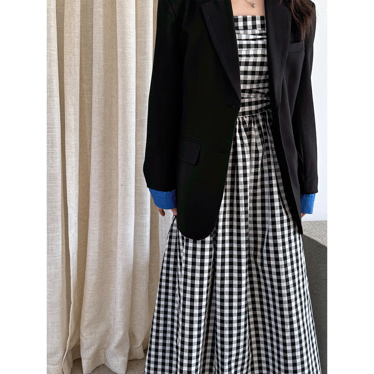 French high-end plaid tube top suspender dress women's spring off-the-shoulder pleated waist a-word long dress