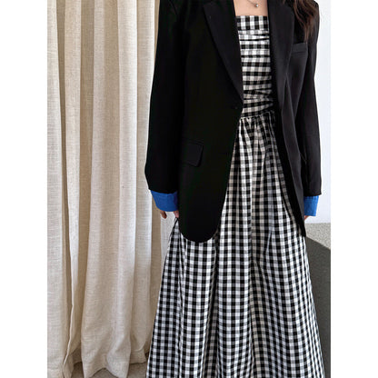 French high-end plaid tube top suspender dress women's spring off-the-shoulder pleated waist a-word long dress