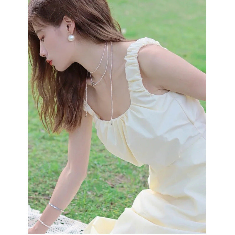 ED women's classic spring new pleated wide strap temperament dress niche design high-end long dress