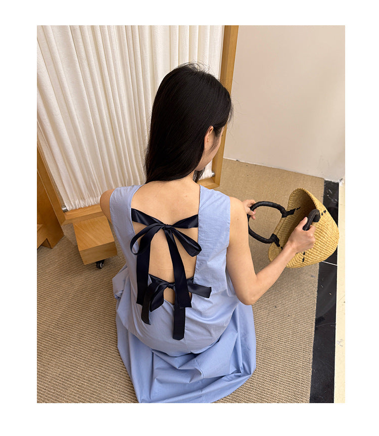 Korean sweet age-reducing lace-up halter sleeveless crew neck dress