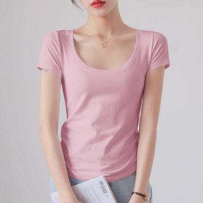 Round Neck Short Sleeve T-Shirt Women Slim Fit Cotton Base Layer Top