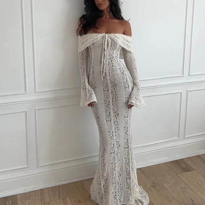 New sexy one-word shoulder lace dress temperament tube top long dress slim fishtail dress