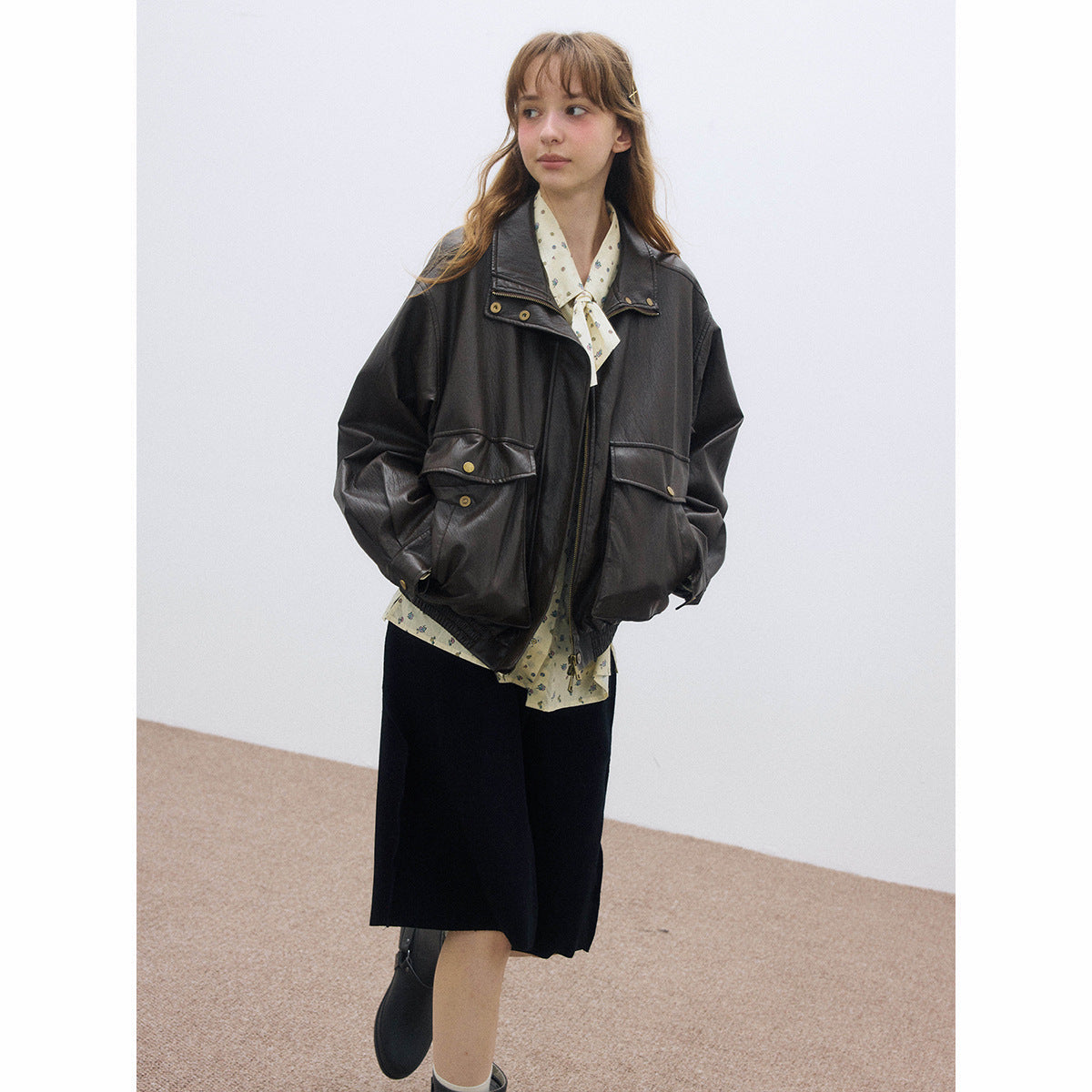Autumn casual stand-up collar classic retro super soft big pocket versatile leather jacket