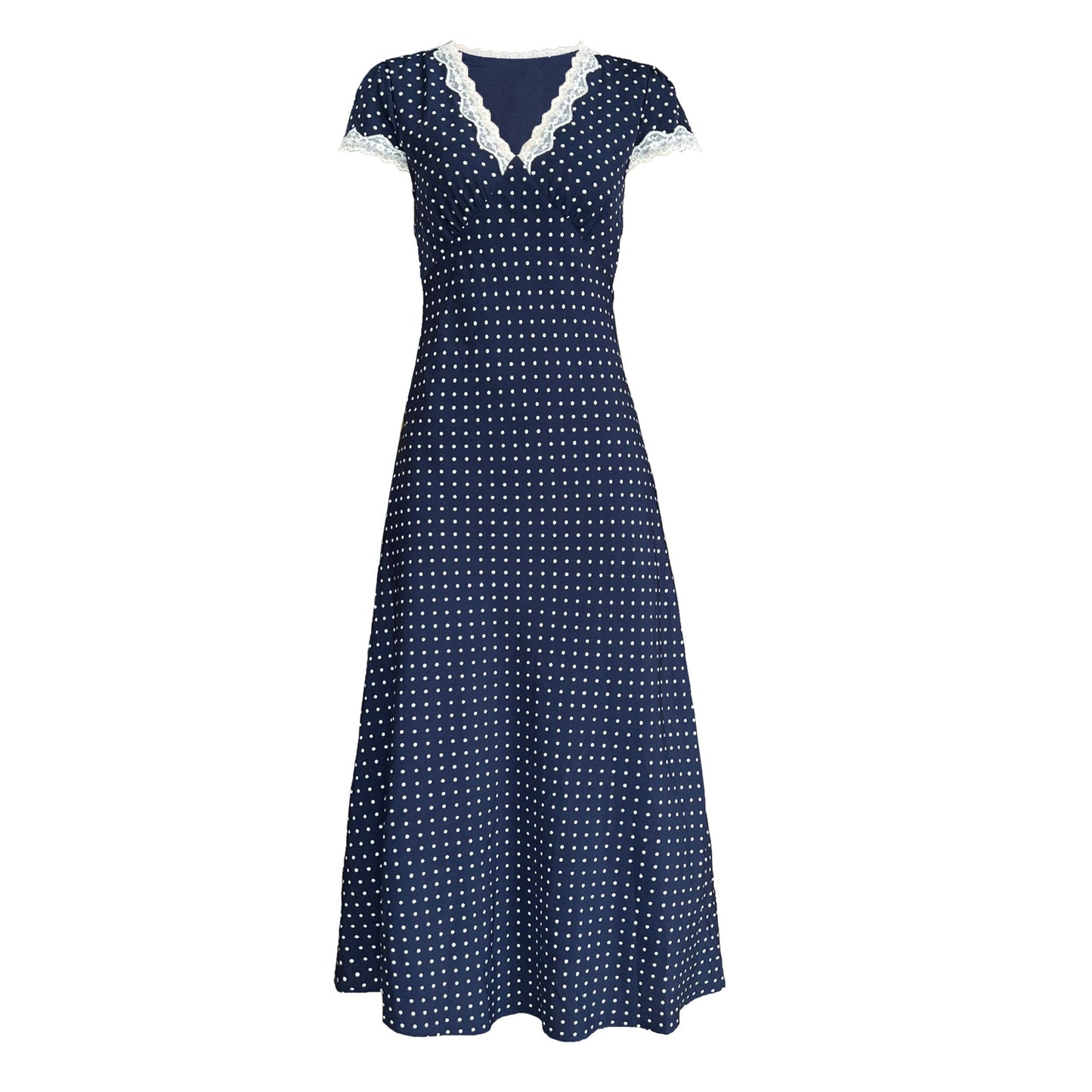 French lace splicing dress summer V-neck temperament polka dot waist slim skirt