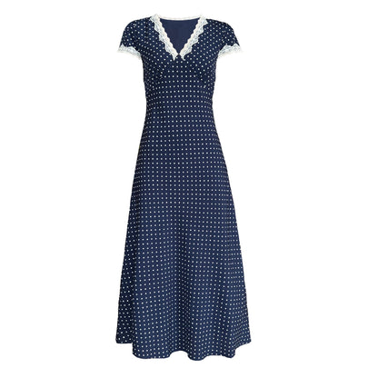 French lace splicing dress summer V-neck temperament polka dot waist slim skirt