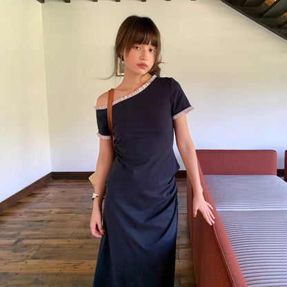 Pleated Skirt Slash Shoulder T-Shirt Two-piece Set