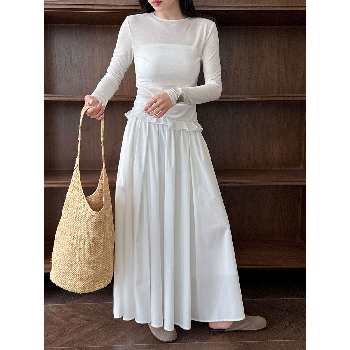 Korean basic lace splicing hem long-sleeved T-shirt women's spring and summer new thin round neck base