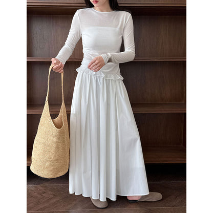 Korean basic lace splicing hem long-sleeved T-shirt women's spring and summer new thin round neck base