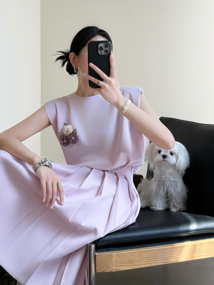 Summer gentle pink! Cover sleeve loose vest vest three-dimensional cut pleated skirt set