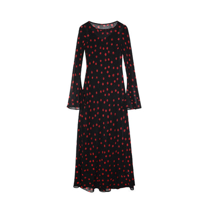 Early Spring Vacation Retro Waist Long Sleeve Polka Dot Mesh Double Layer Dress