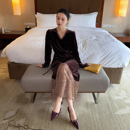 French elegance temperament heavy industry sequined evening dress velvet dress